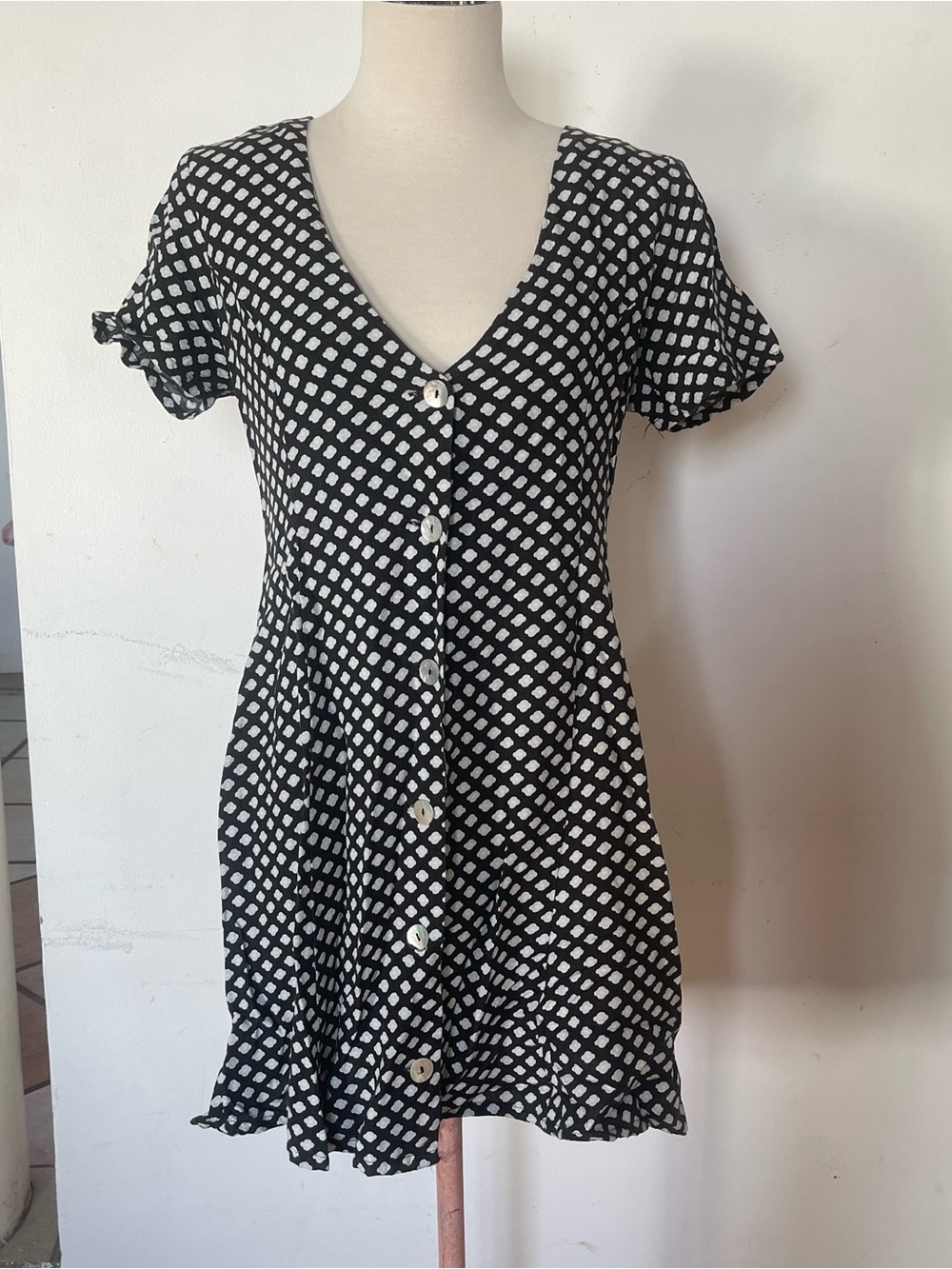RVCA Black & White Button-Front V-Neck Mini Dress